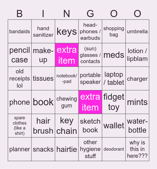 What's in my bag Bingo Card