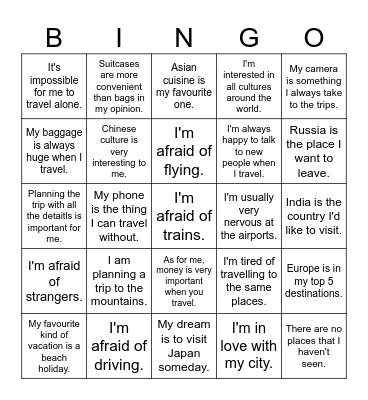 travelling Bingo Card