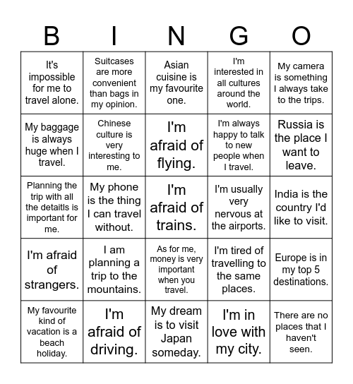 travelling Bingo Card