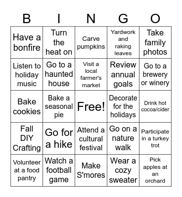 Fall Activities 2025 Bingo Card