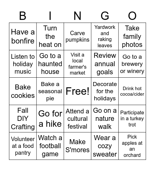 Fall Activities 2025 Bingo Card