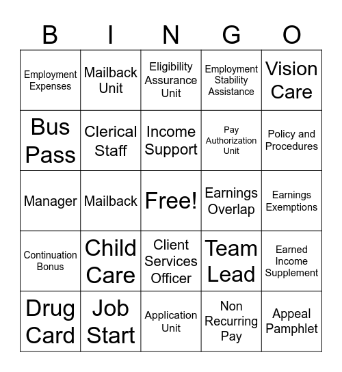 Income Support Bingo Card