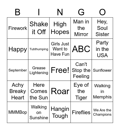Name That Song Bingo Card