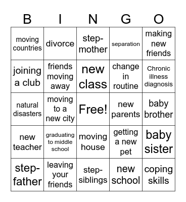life transitions Bingo Card