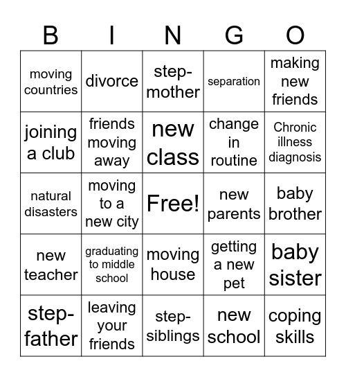 life transitions Bingo Card