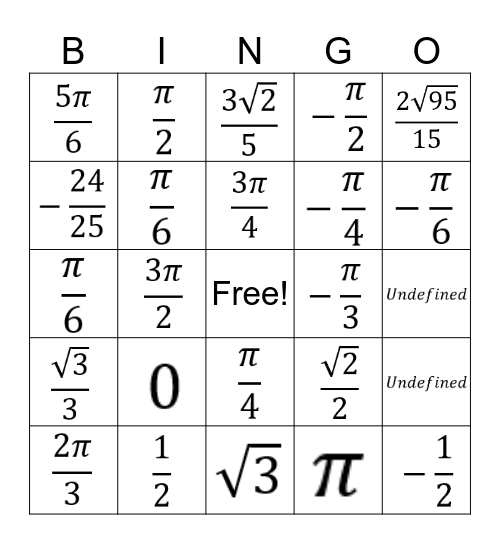 Inverse Trig Bingo Card