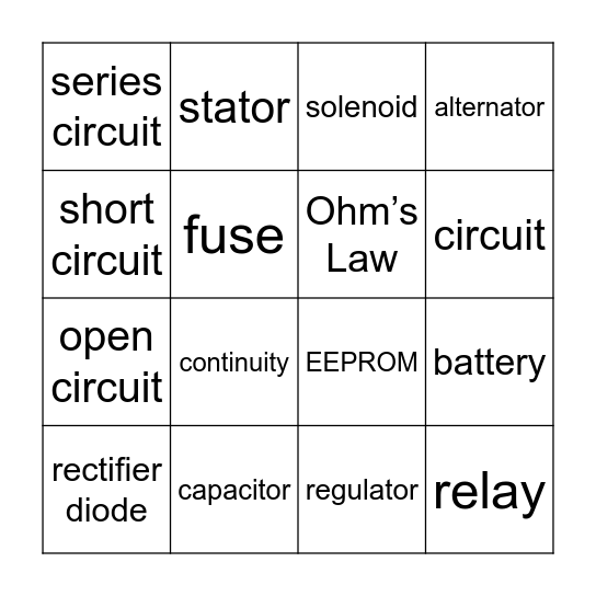 CATS ASE Electrical Bingo Card