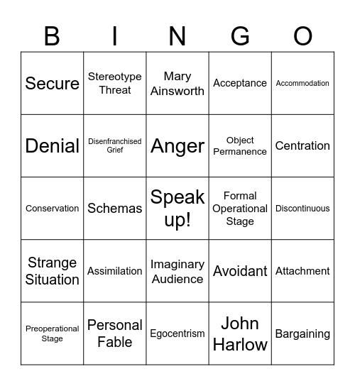 PSY 101 Lifespan Development Lingo Bingo Card