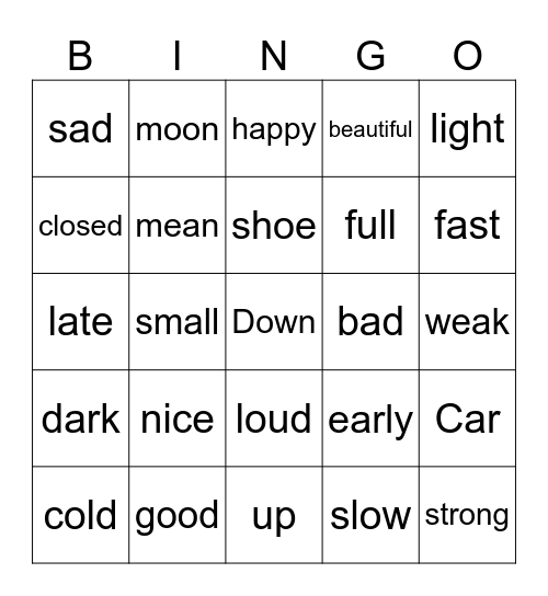Antonyms Bingo Card