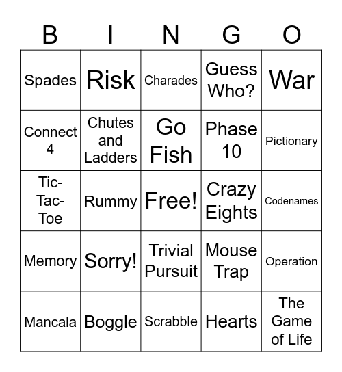 Family Game Night Bingo Card