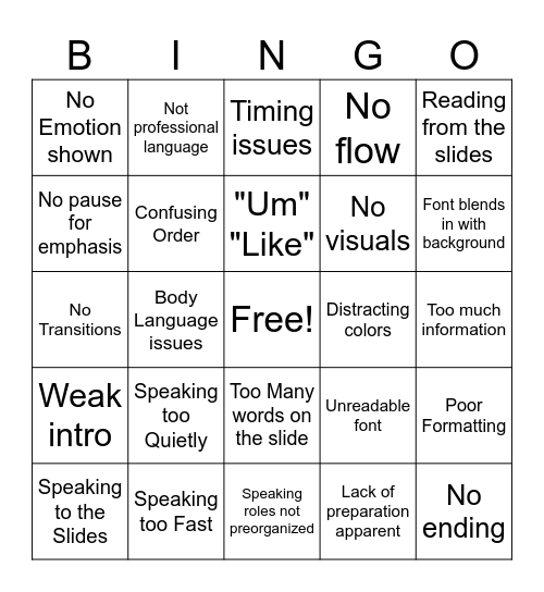 Bad Presentation Bingo Card