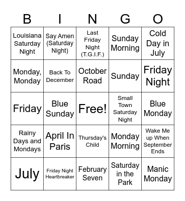 Calendar Bingo Card