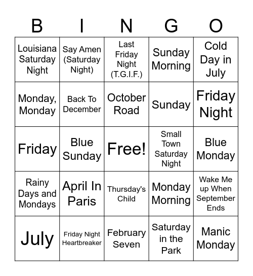 Calendar Bingo Card