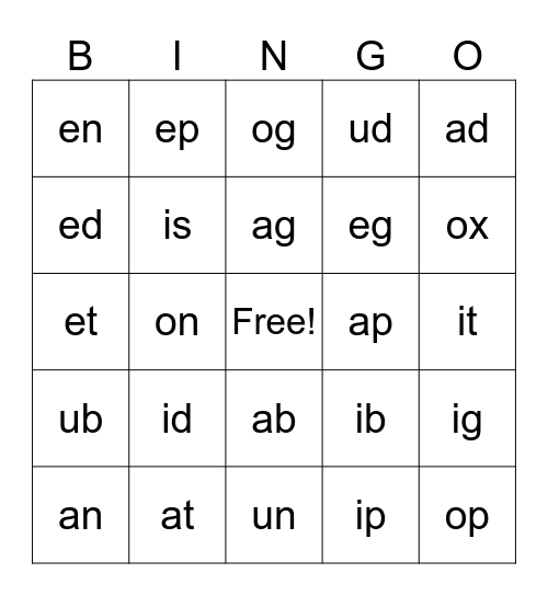 Short Vowel Bingo Card