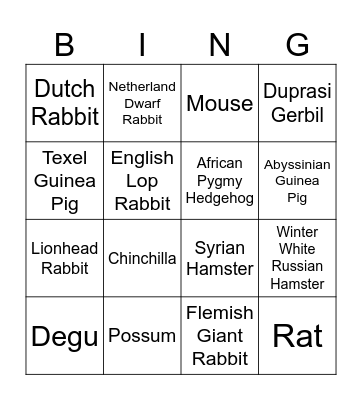 CoSM Species/Breed ID Bingo Card