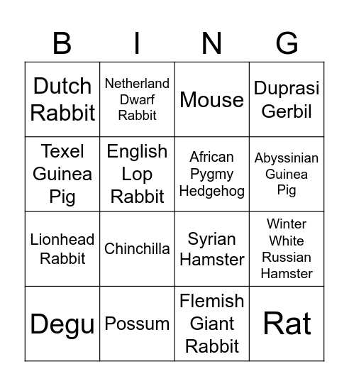 CoSM Species/Breed ID Bingo Card