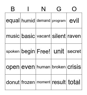 open/closed syllables Bingo Card
