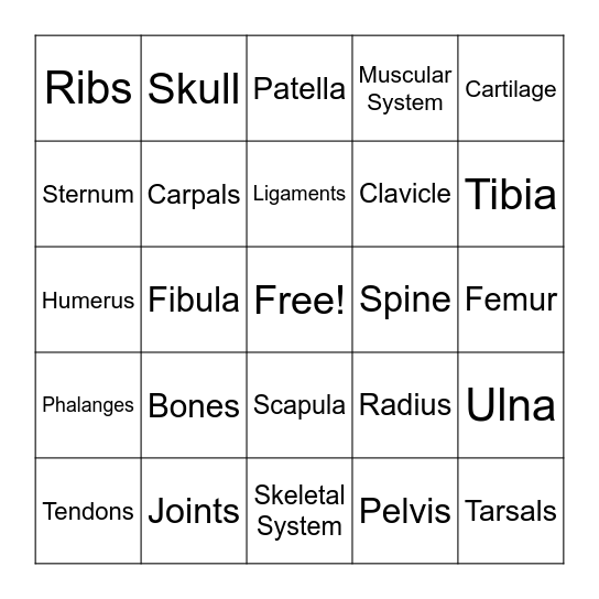 Skeletal Bingo Card