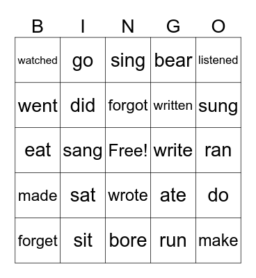 Verbs Bingo Card