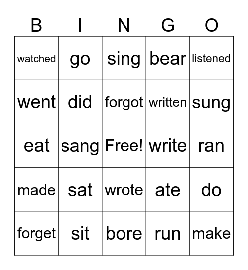 Verbs Bingo Card