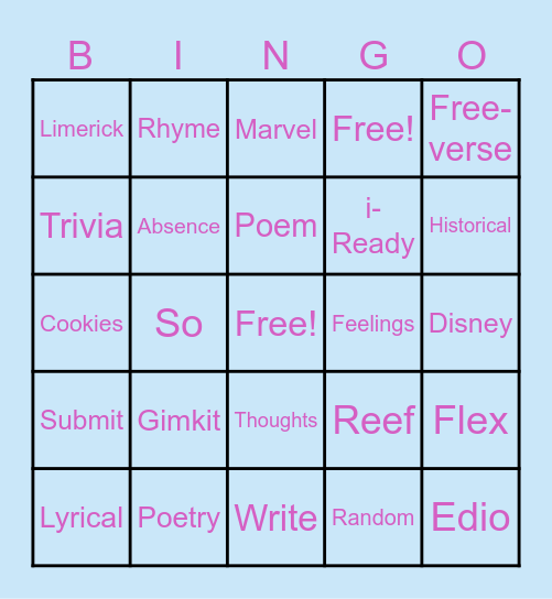 Poetry Bingo Card