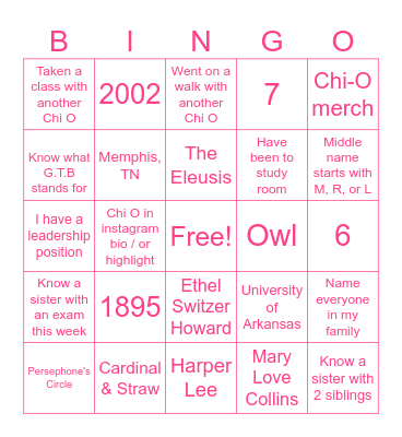Chi Omega Bingo Card