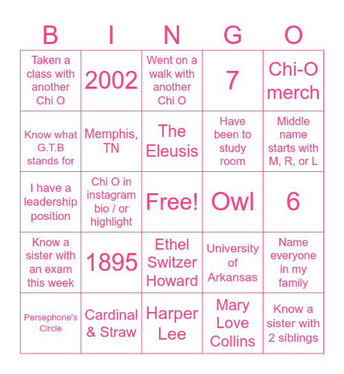 Chi Omega Bingo Card