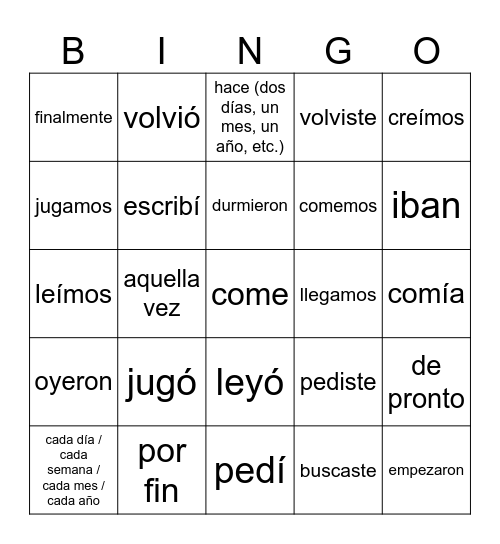 Spanish 3H test 1 review Bingo Card