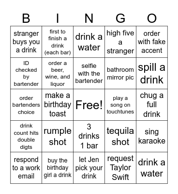 Jen's Birthday Bingo Card
