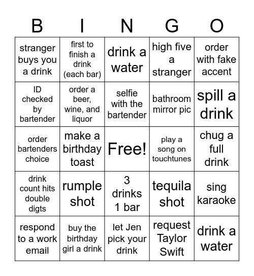 Jen's Birthday Bingo Card