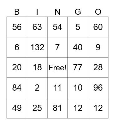 Multiplication and Division BINGO Card