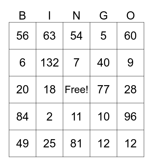 Multiplication and Division BINGO Card