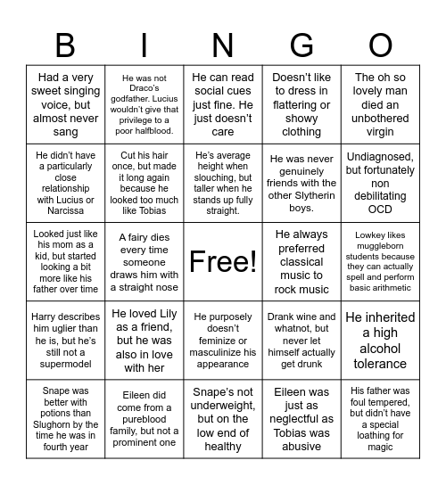 Ollywander’s Snape Bingo Card