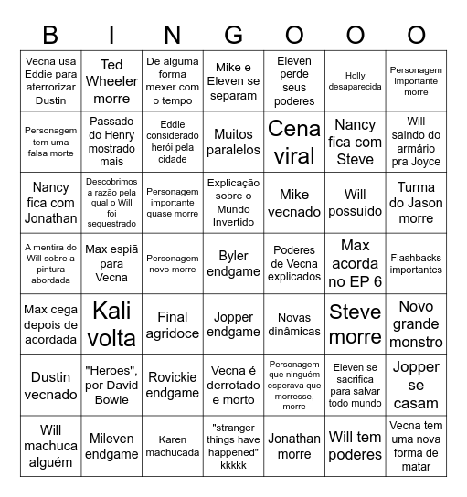 STRANGER THINGS Bingo Card