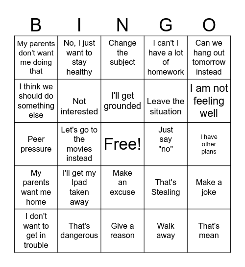Refusal Skills Bingo Card