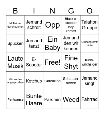 People Watching Bingo Card