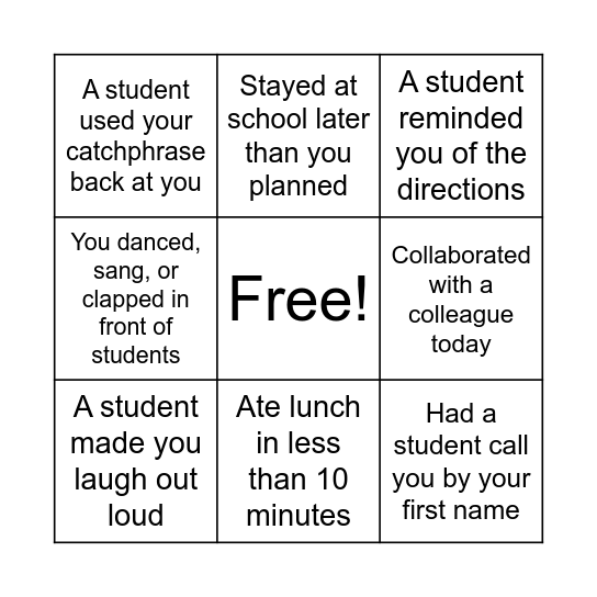 Teacher Bingo Card