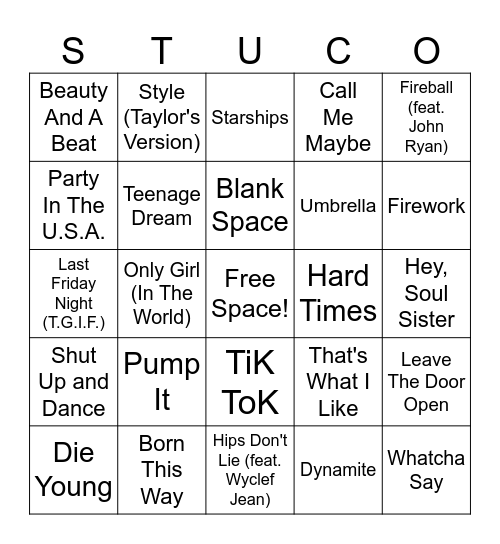 (6) StuCo Music Bingo - Pop Bingo Card