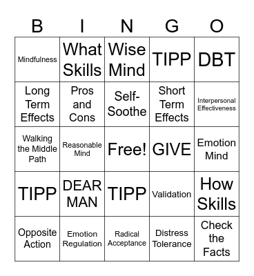 DBT Skills Bingo! Bingo Card