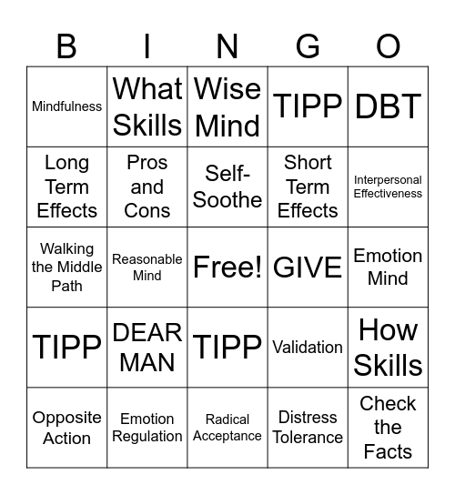 DBT Skills Bingo! Bingo Card