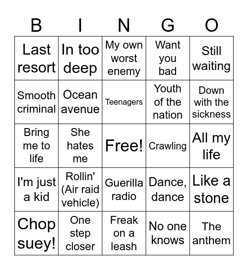 Joe Knows The 2000's Rock Bingo Card