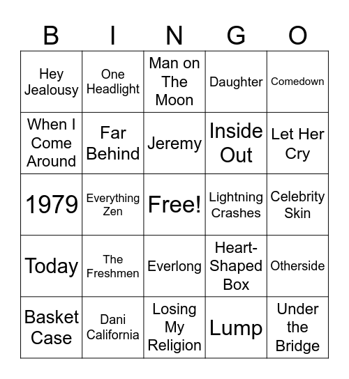 Alternative Rock Bingo Card