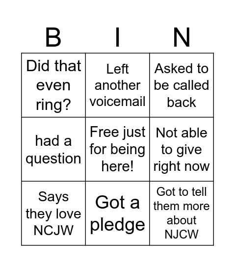 NCJW Phonathon Bin-go Bingo Card