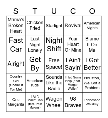 (7) StuCo Music Bingo - Country Bingo Card