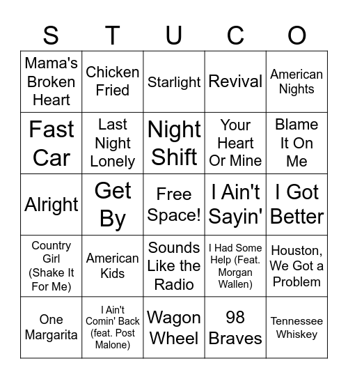 (7) StuCo Music Bingo - Country Bingo Card