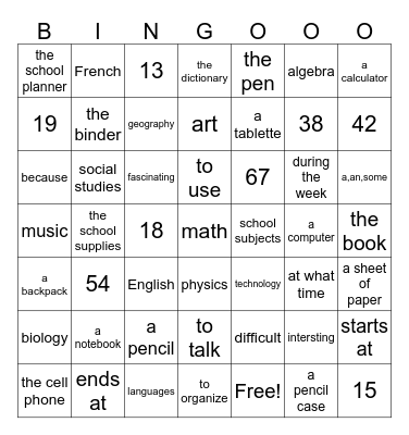 À L'école Bingo Card