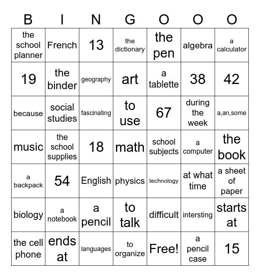 À L'école Bingo Card