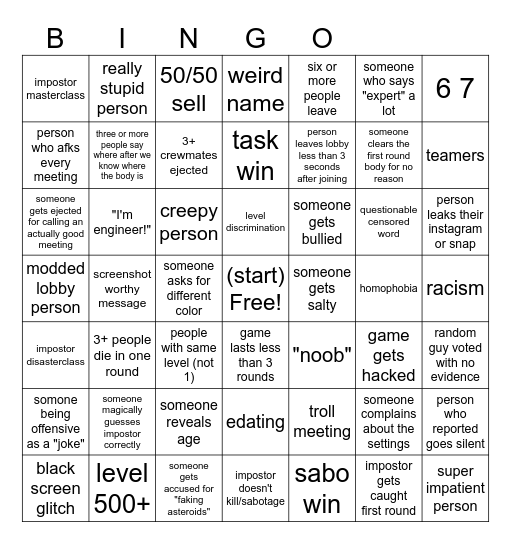Among Us Bingo but bigger Bingo Card