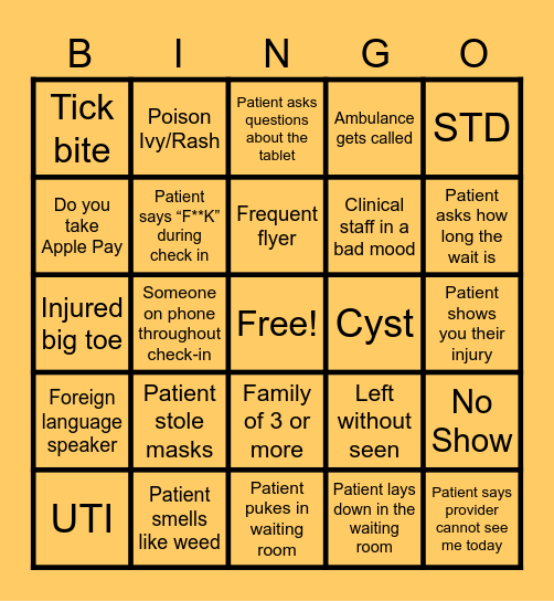 Urgent Care Bingo Card