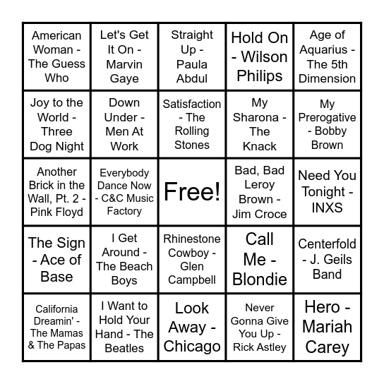 BIGGEST SONGS 1964 - 1994 Bingo Card